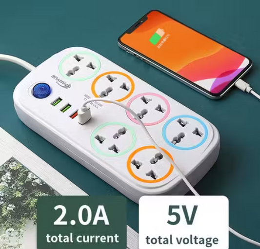 Fervik Power Plate Extension Board – 6 Power Sockets with 4 USB Ports (White)